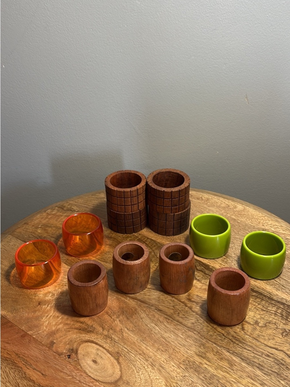 MCM Wood and Resin Napkin Ring Set in Brown, Orange, and Green